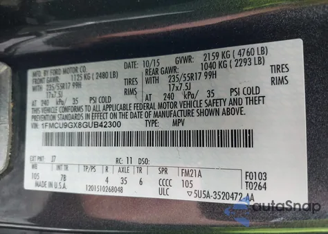 2016 Ford Escape Se z USA, uszkodzony, nr VIN 1FMCU9GX8GUB42300